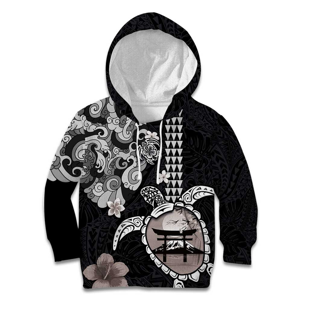 Hawaiian and Japanese Together Kid Hoodie Japanese Culture and Turtle Kakau Tattoo Black Color