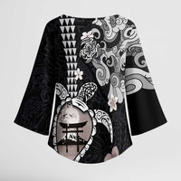 Hawaiian and Japanese Together Kimono Sleeve Blouse Japanese Culture and Turtle Kakau Tattoo Black Color - Polynesian Pride