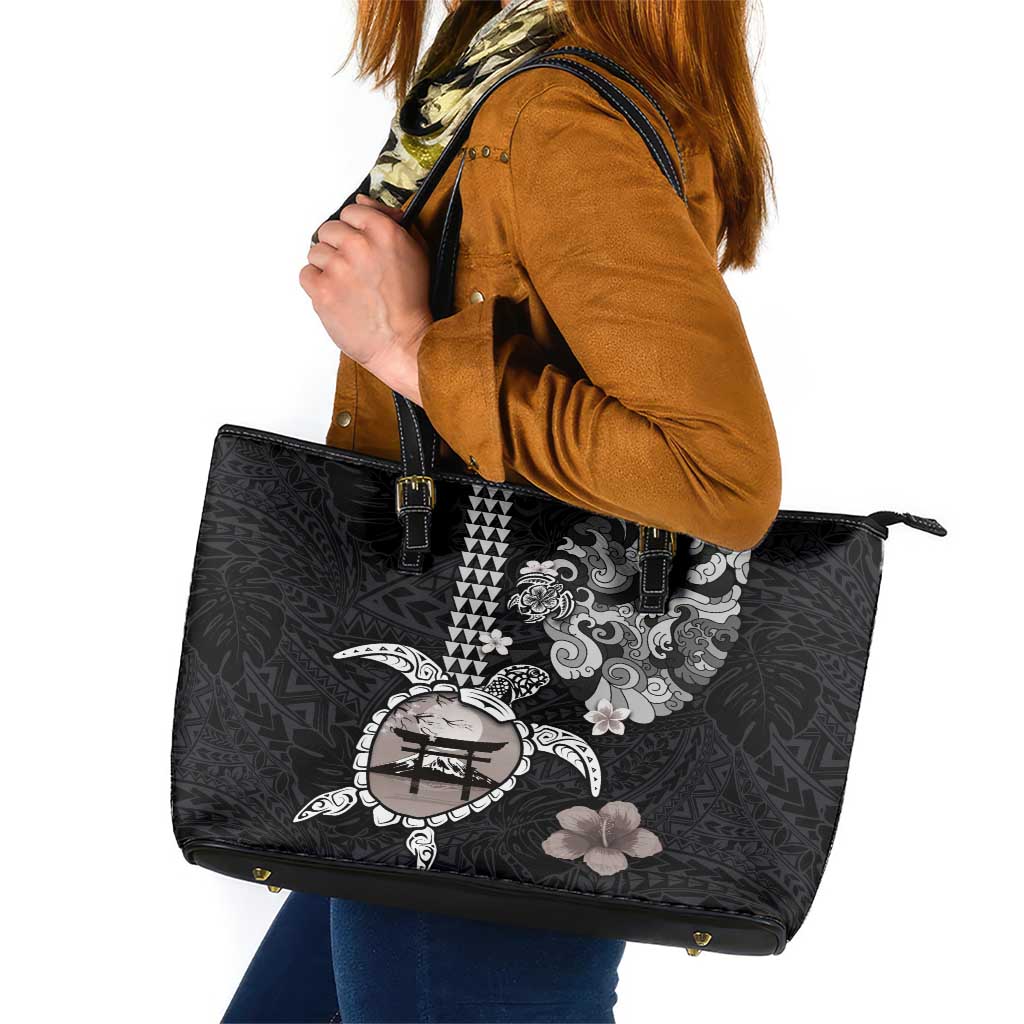 Hawaiian and Japanese Together Leather Tote Bag Japanese Culture and Turtle Kakau Tattoo Black Color