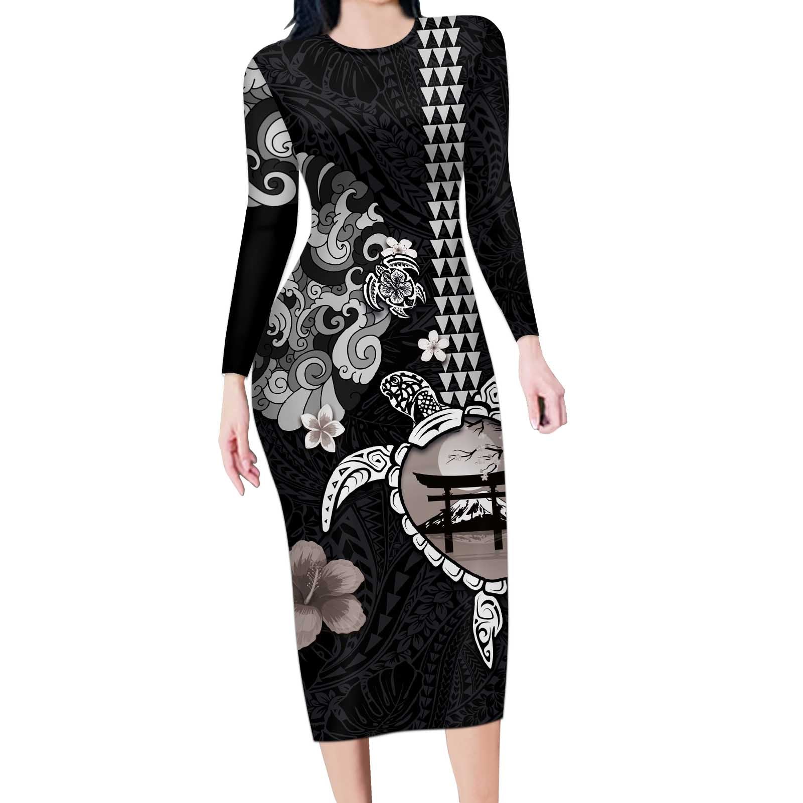 Hawaiian and Japanese Together Long Sleeve Bodycon Dress Japanese Culture and Turtle Kakau Tattoo Black Color