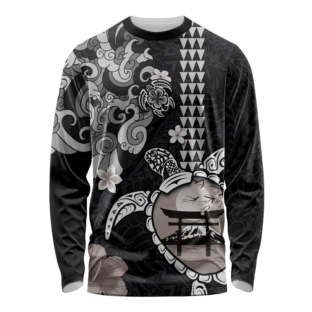 Hawaiian and Japanese Together Long Sleeve Shirt Japanese Culture and Turtle Kakau Tattoo Black Color