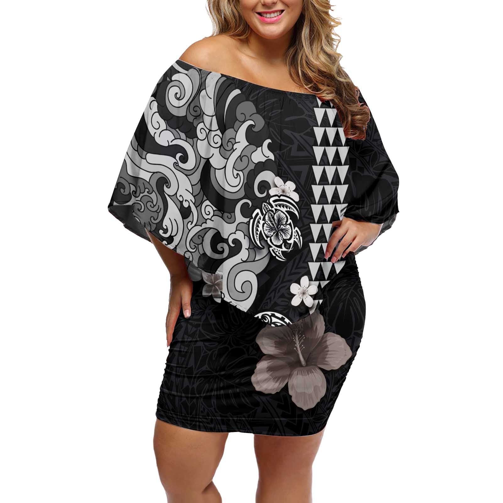 Hawaiian and Japanese Together Off Shoulder Short Dress Japanese Culture and Turtle Kakau Tattoo Black Color