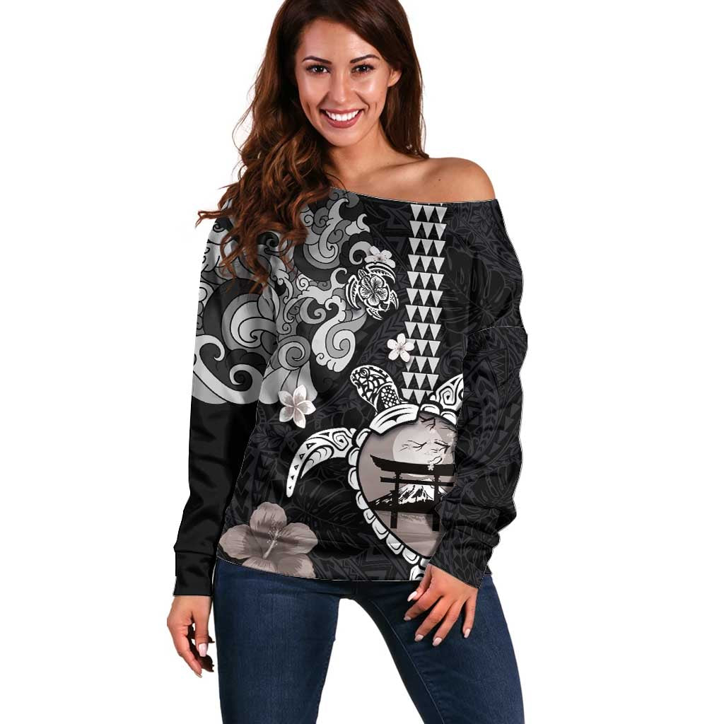 Hawaiian and Japanese Together Off Shoulder Sweater Japanese Culture and Turtle Kakau Tattoo Black Color