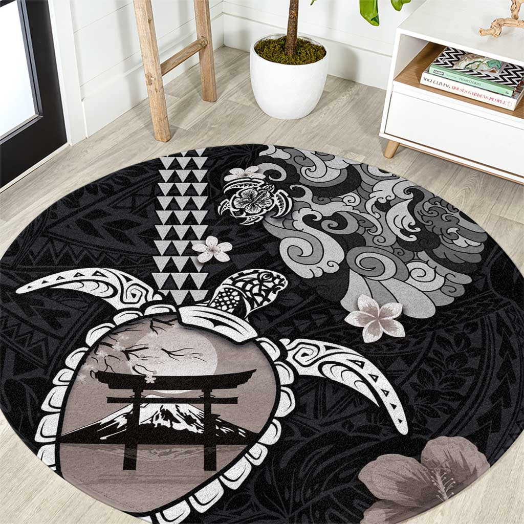 Hawaiian and Japanese Together Round Carpet Japanese Culture and Turtle Kakau Tattoo Black Color