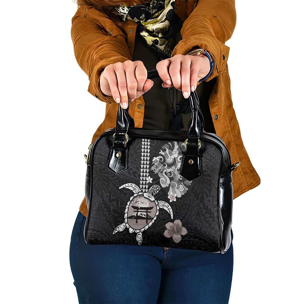 Hawaiian and Japanese Together Shoulder Handbag Japanese Culture and Turtle Kakau Tattoo Black Color