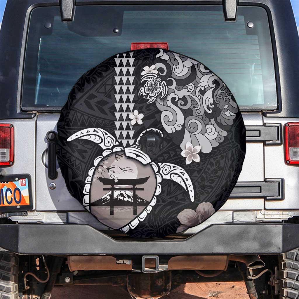 Hawaiian and Japanese Together Spare Tire Cover Japanese Culture and Turtle Kakau Tattoo Black Color