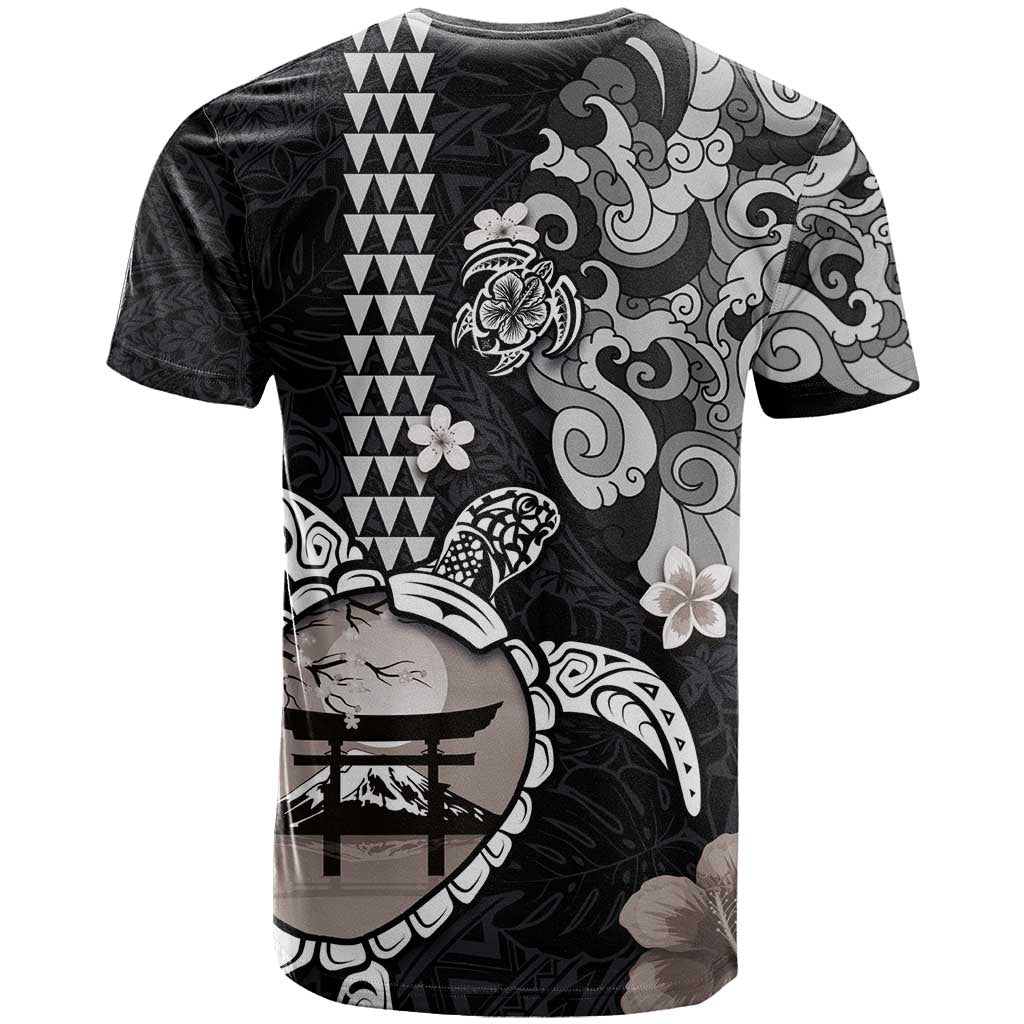 Hawaiian and Japanese Together T Shirt Japanese Culture and Turtle Kakau Tattoo Black Color