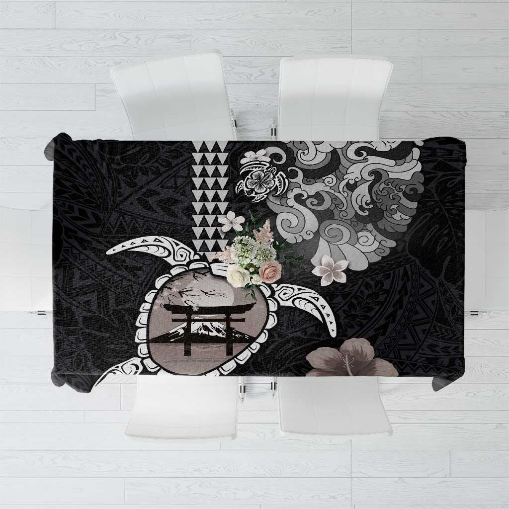 Hawaiian and Japanese Together Tablecloth Japanese Culture and Turtle Kakau Tattoo Black Color LT03 Black - Polynesian Pride