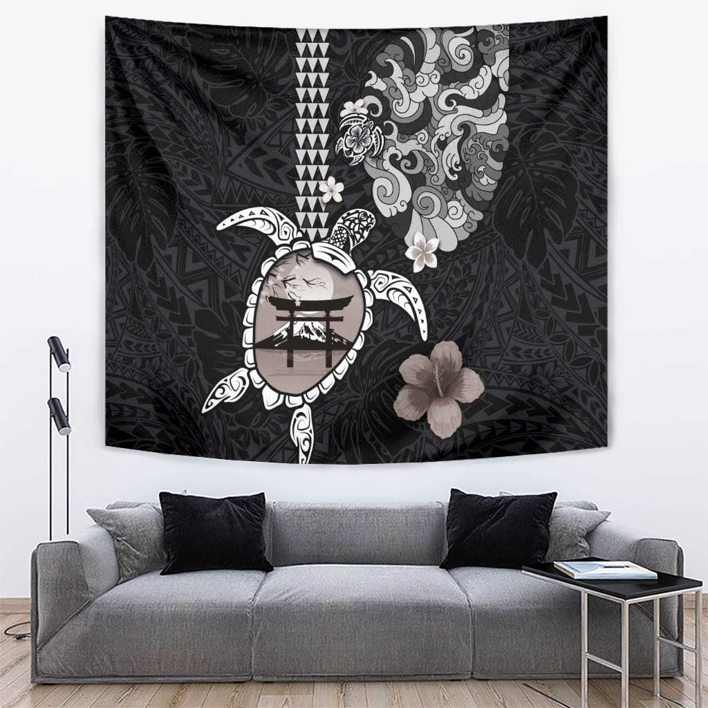 Hawaiian and Japanese Together Tapestry Japanese Culture and Turtle Kakau Tattoo Black Color