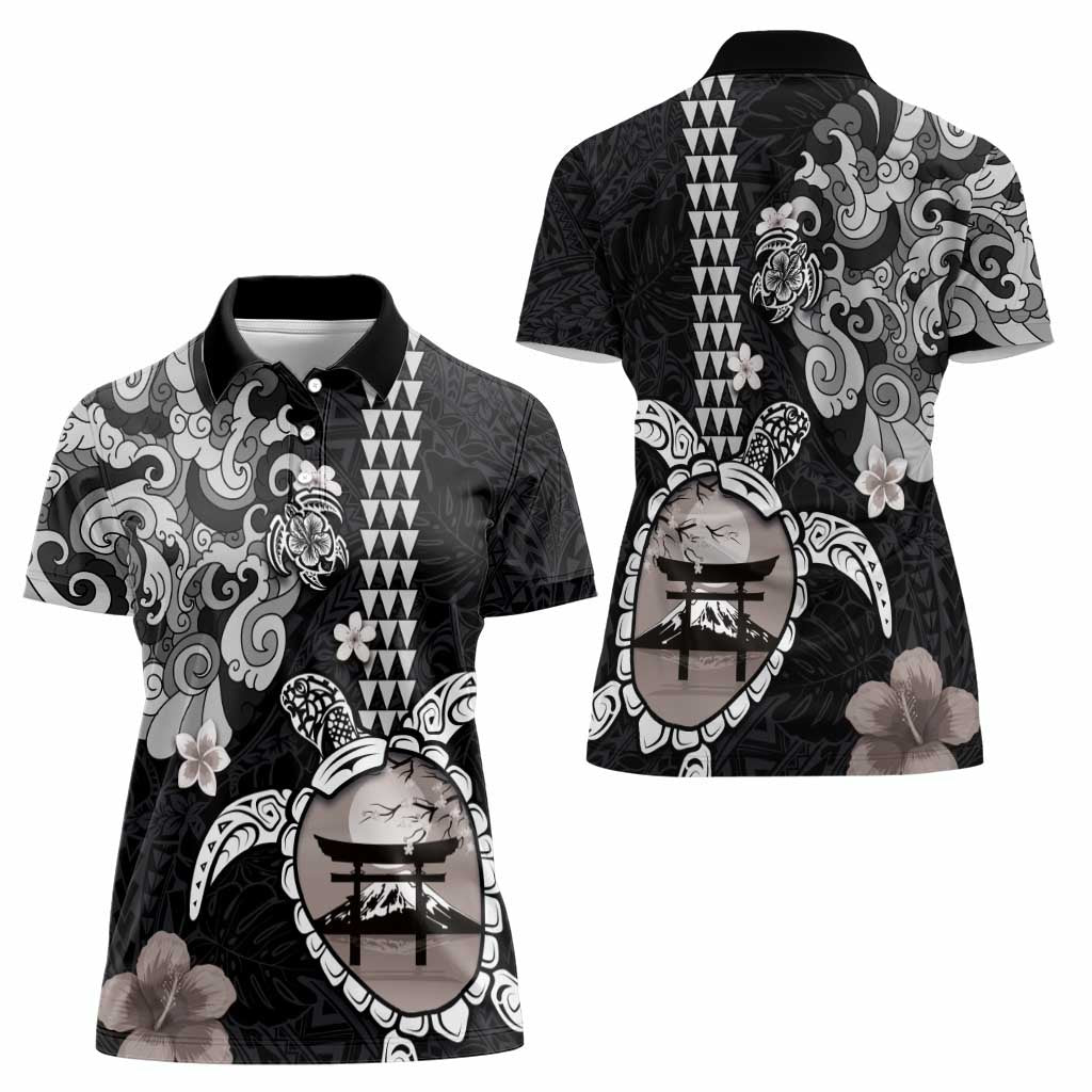 Hawaiian and Japanese Together Women Polo Shirt Japanese Culture and Turtle Kakau Tattoo Black Color