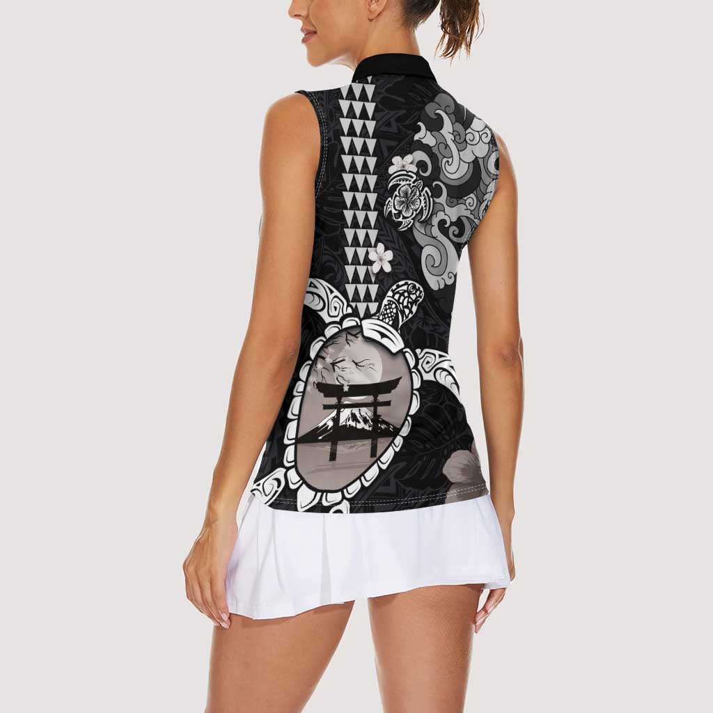 Hawaiian and Japanese Together Women Sleeveless Polo Shirt Japanese Culture and Turtle Kakau Tattoo Black Color