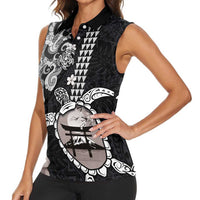 Hawaiian and Japanese Together Women Sleeveless Polo Shirt Japanese Culture and Turtle Kakau Tattoo Black Color