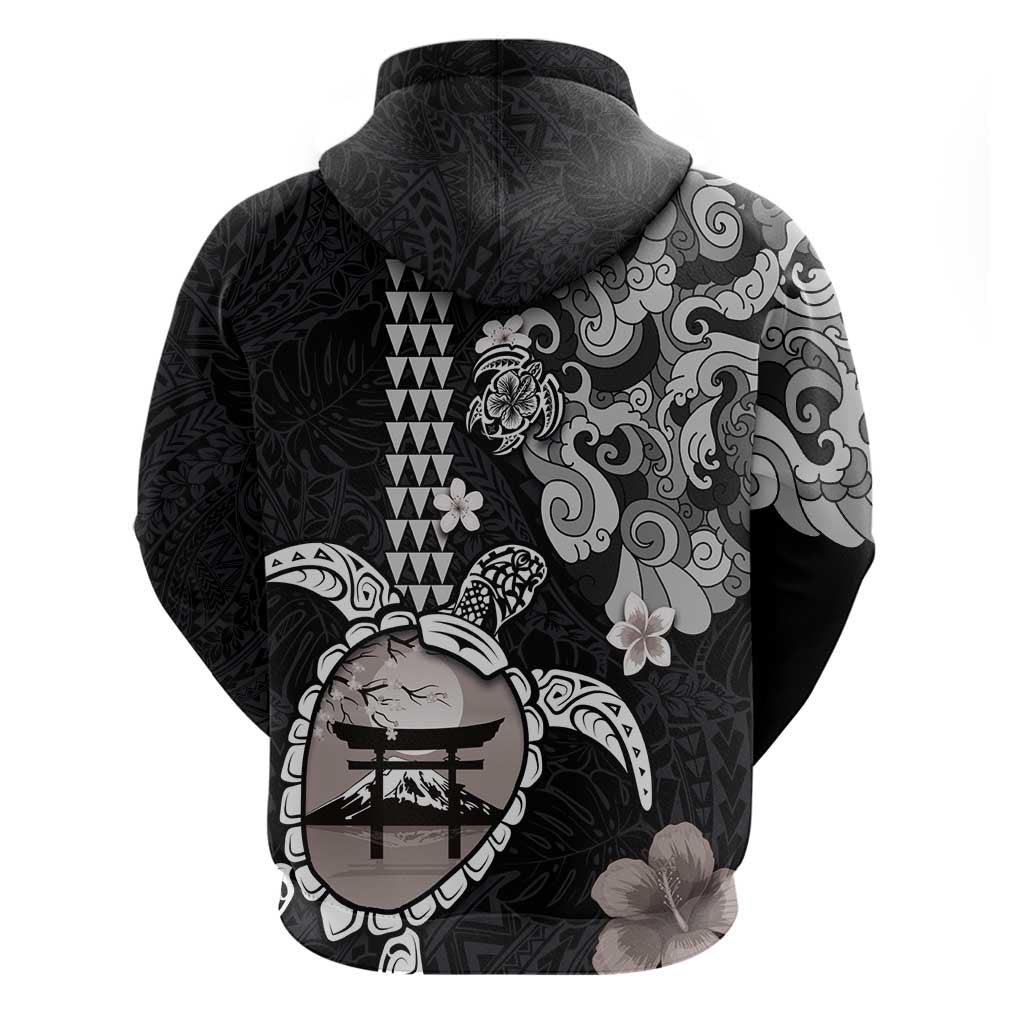 Hawaiian and Japanese Together Zip Hoodie Japanese Culture and Turtle Kakau Tattoo Black Color