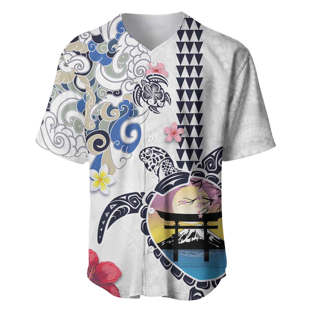 Hawaiian and Japanese Together Baseball Jersey Japanese Culture and Turtle Kakau Tattoo White Color