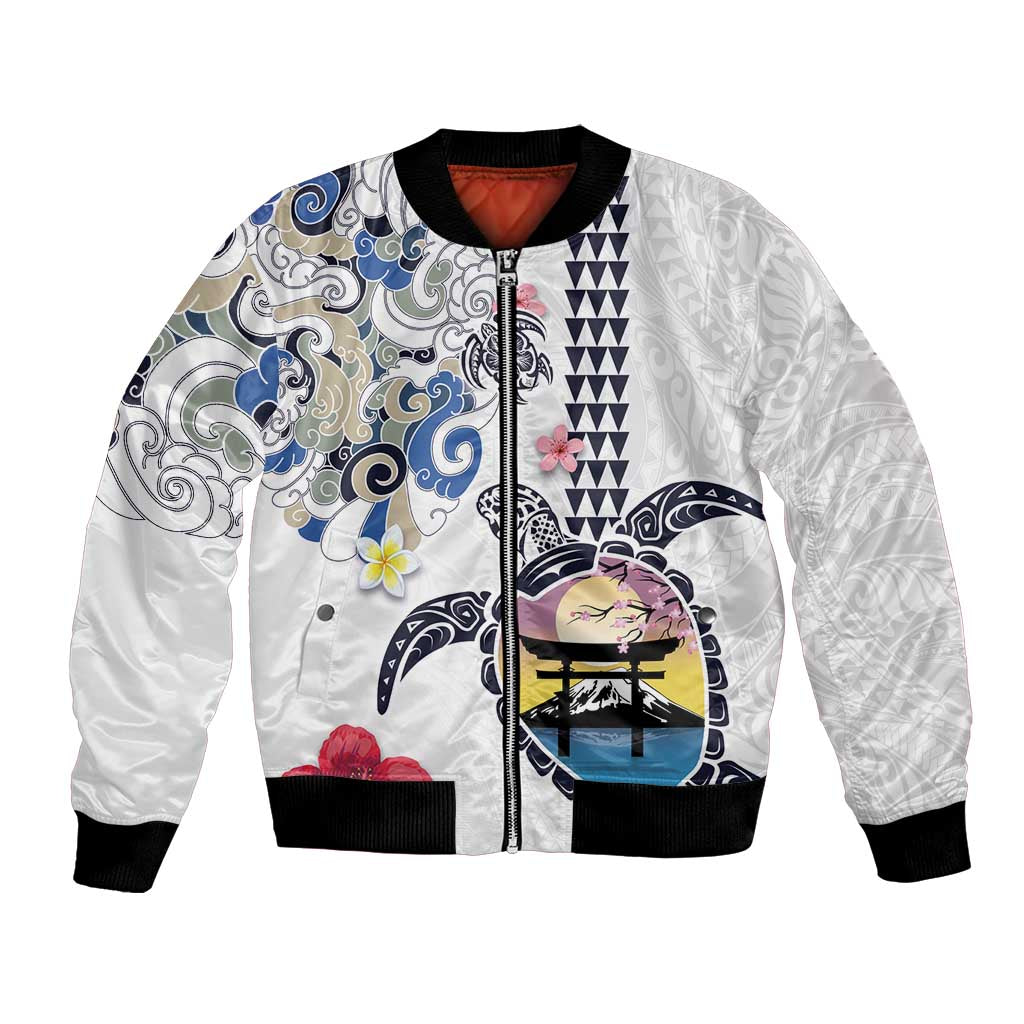Hawaiian and Japanese Together Bomber Jacket Japanese Culture and Turtle Kakau Tattoo White Color