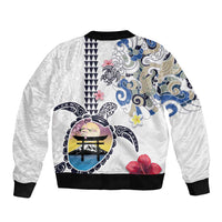 Hawaiian and Japanese Together Bomber Jacket Japanese Culture and Turtle Kakau Tattoo White Color