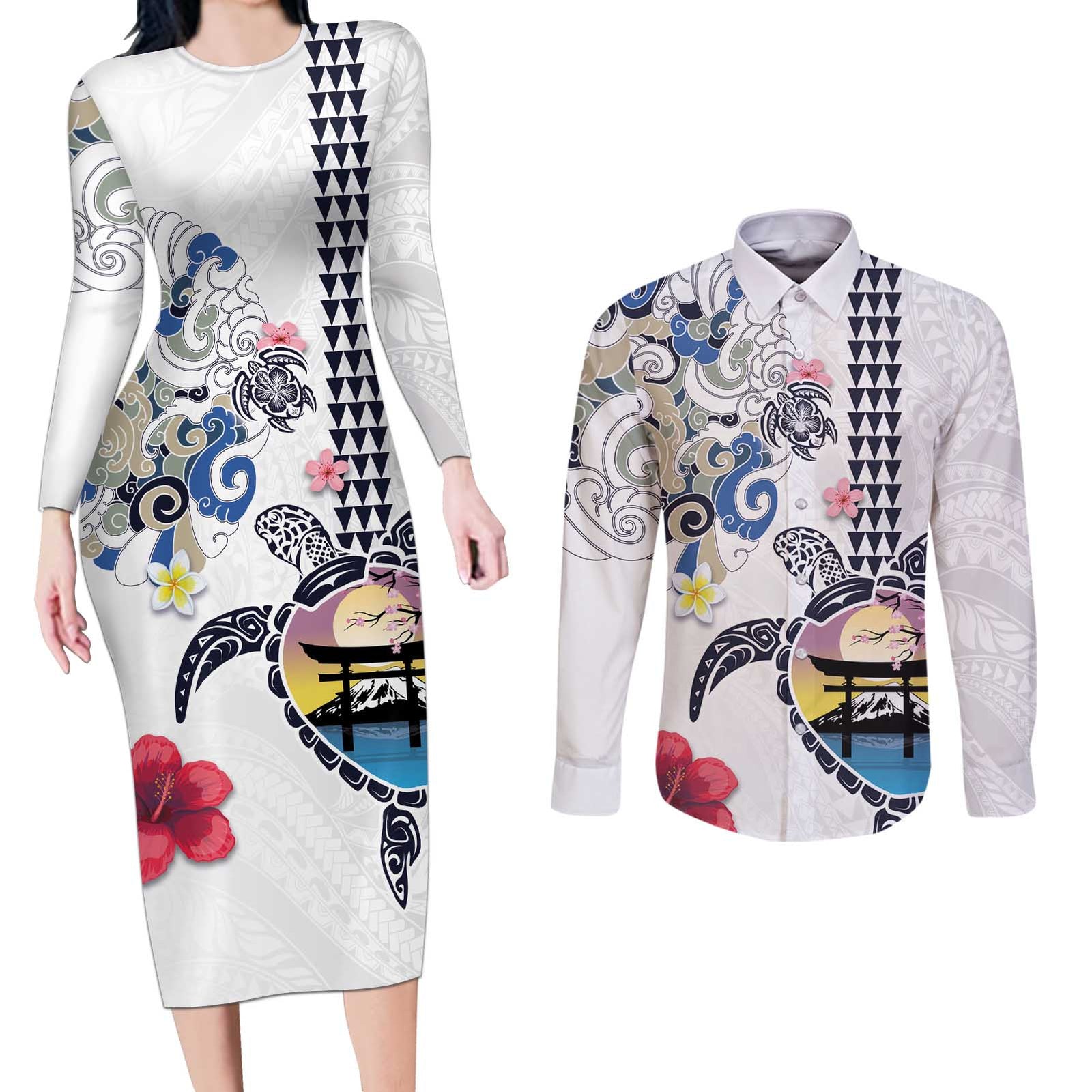 Hawaiian and Japanese Together Couples Matching Long Sleeve Bodycon Dress and Long Sleeve Button Shirt Japanese Culture and Turtle Kakau Tattoo White Color LT03 White - Polynesian Pride