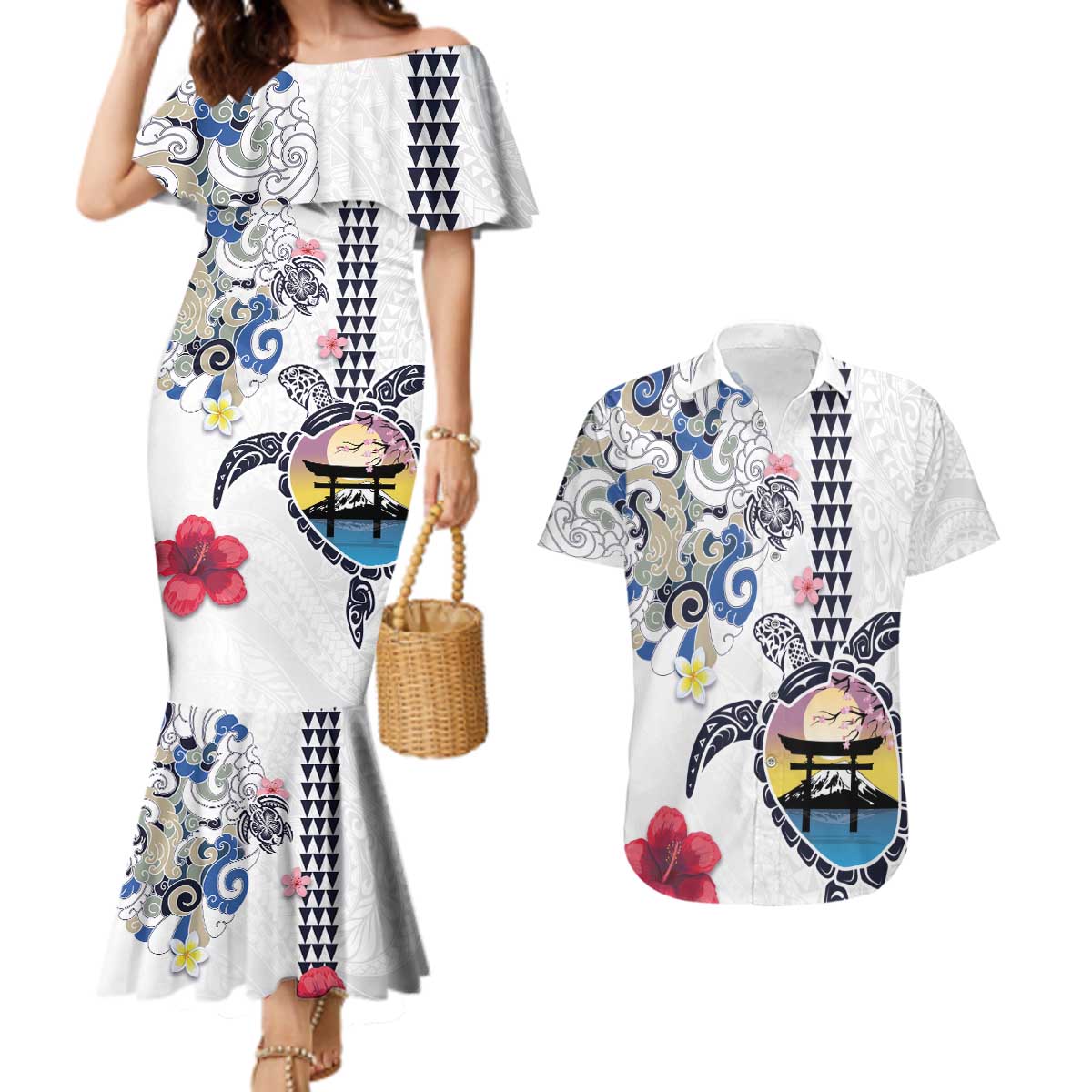 Hawaiian and Japanese Together Couples Matching Mermaid Dress and Hawaiian Shirt Japanese Culture and Turtle Kakau Tattoo White Color