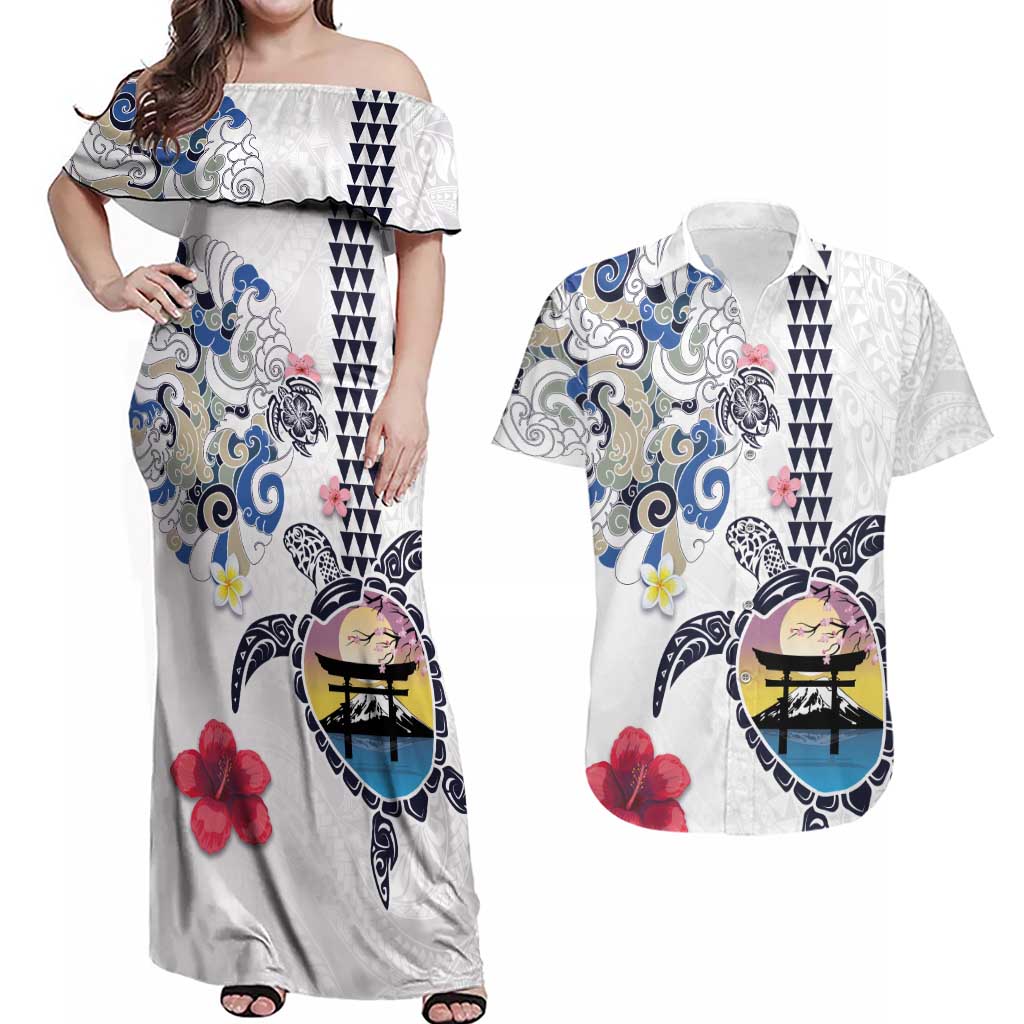 Hawaiian and Japanese Together Couples Matching Off Shoulder Maxi Dress and Hawaiian Shirt Japanese Culture and Turtle Kakau Tattoo White Color