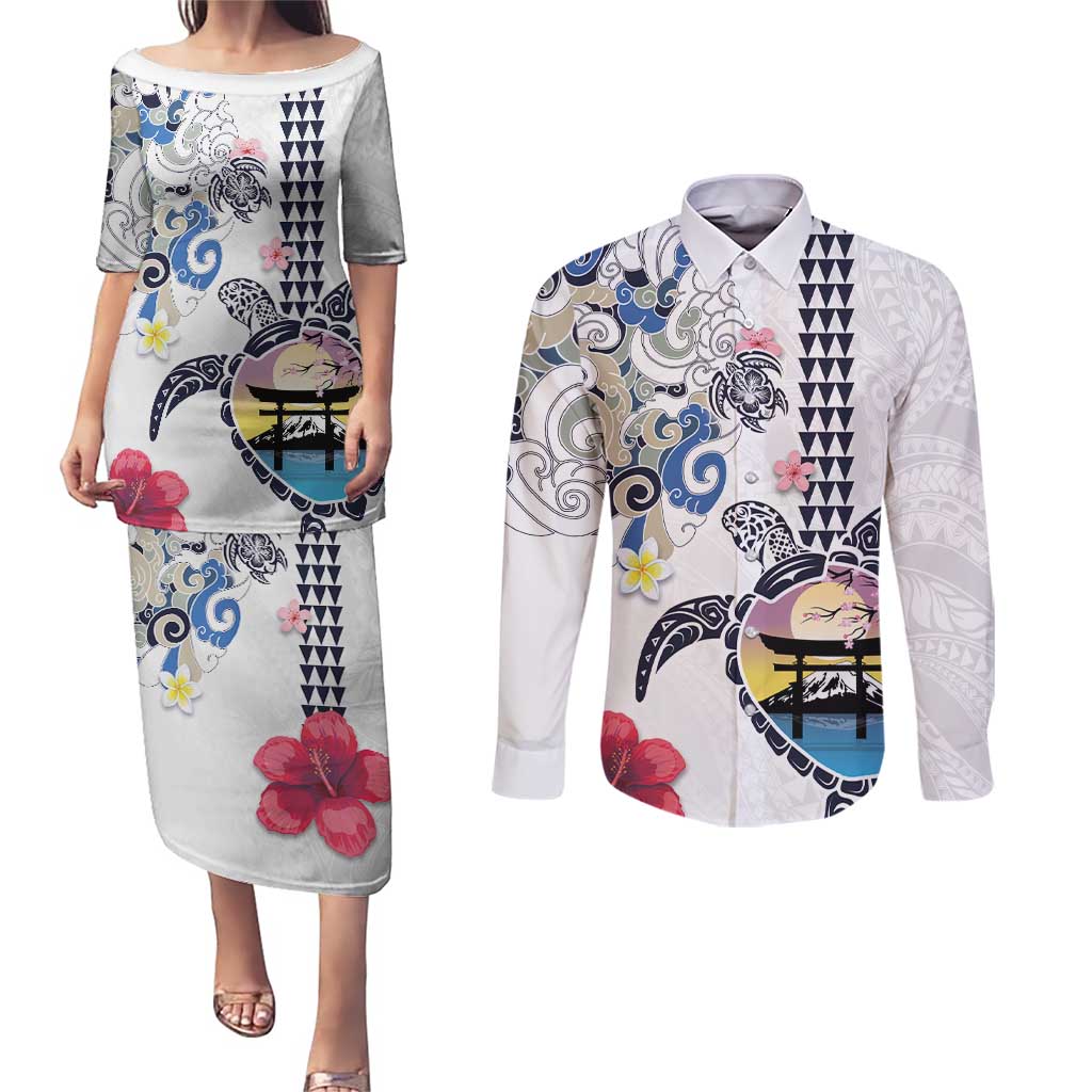 Hawaiian and Japanese Together Couples Matching Puletasi and Long Sleeve Button Shirt Japanese Culture and Turtle Kakau Tattoo White Color LT03 White - Polynesian Pride