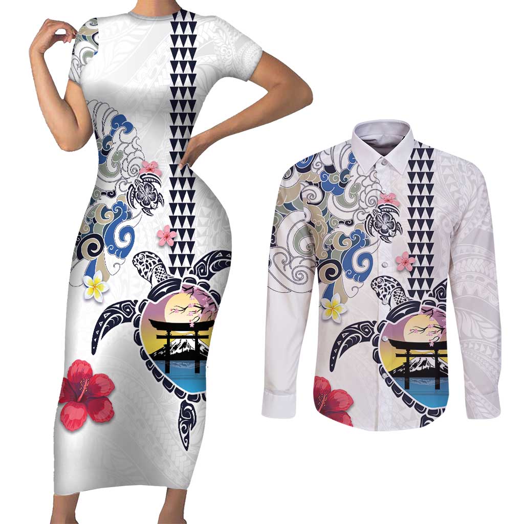 Hawaiian and Japanese Together Couples Matching Short Sleeve Bodycon Dress and Long Sleeve Button Shirt Japanese Culture and Turtle Kakau Tattoo White Color LT03 White - Polynesian Pride