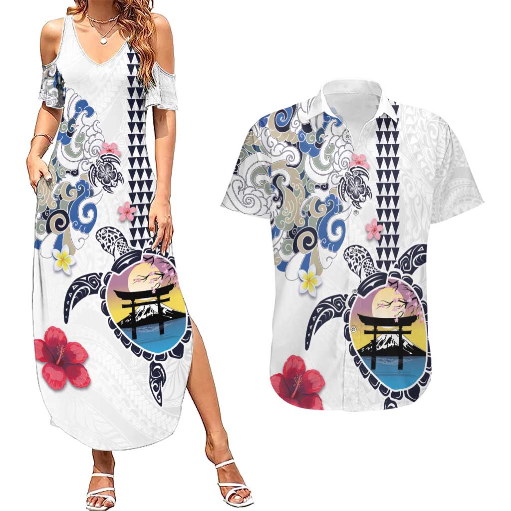 Hawaiian and Japanese Together Couples Matching Summer Maxi Dress and Hawaiian Shirt Japanese Culture and Turtle Kakau Tattoo White Color LT03 White - Polynesian Pride