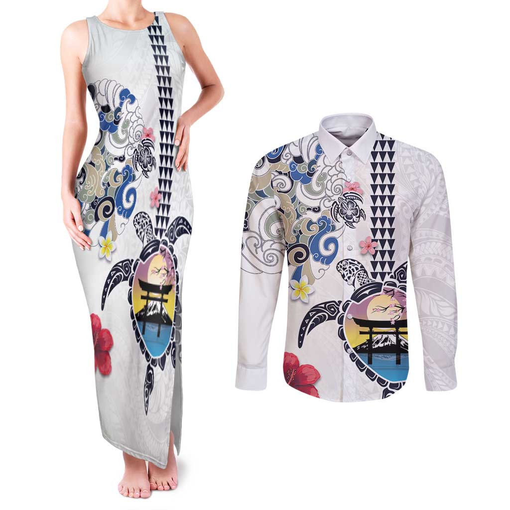 Hawaiian and Japanese Together Couples Matching Tank Maxi Dress and Long Sleeve Button Shirt Japanese Culture and Turtle Kakau Tattoo White Color LT03 White - Polynesian Pride