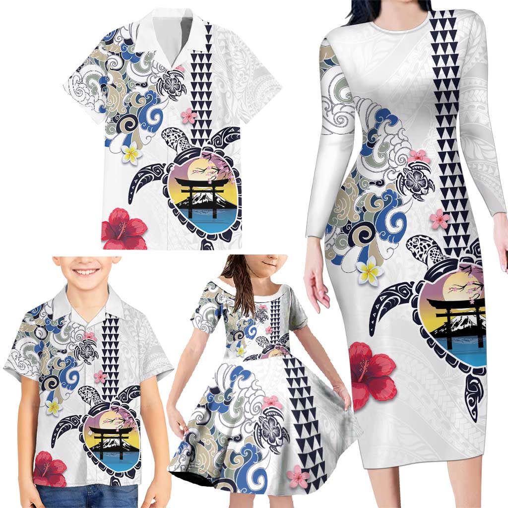 Hawaiian and Japanese Together Family Matching Long Sleeve Bodycon Dress and Hawaiian Shirt Japanese Culture and Turtle Kakau Tattoo White Color