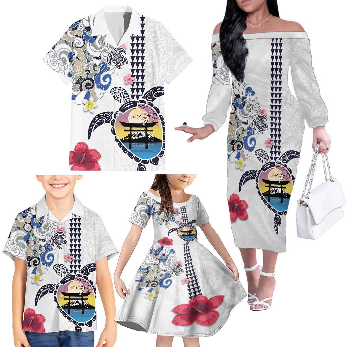 Hawaiian and Japanese Together Family Matching Off The Shoulder Long Sleeve Dress and Hawaiian Shirt Japanese Culture and Turtle Kakau Tattoo White Color