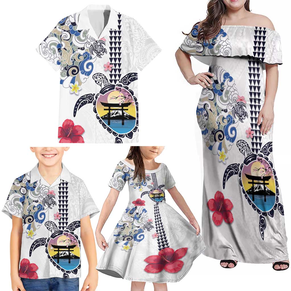 Hawaiian and Japanese Together Family Matching Off Shoulder Maxi Dress and Hawaiian Shirt Japanese Culture and Turtle Kakau Tattoo White Color