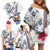 Hawaiian and Japanese Together Family Matching Off Shoulder Short Dress and Hawaiian Shirt Japanese Culture and Turtle Kakau Tattoo White Color