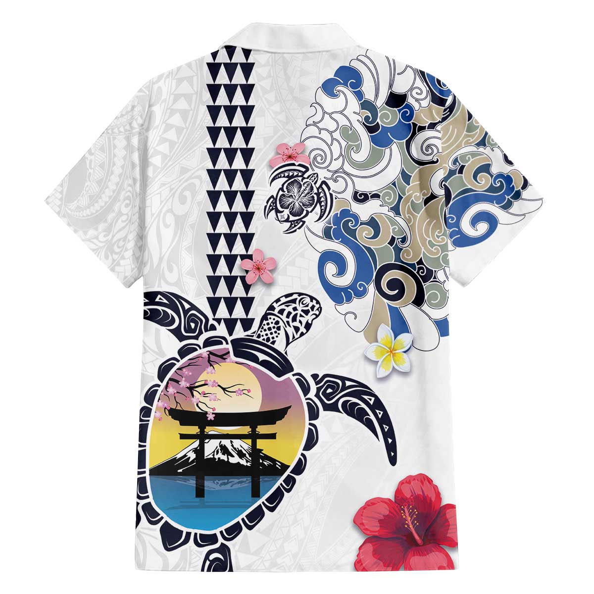 Hawaiian and Japanese Together Family Matching Off Shoulder Short Dress and Hawaiian Shirt Japanese Culture and Turtle Kakau Tattoo White Color