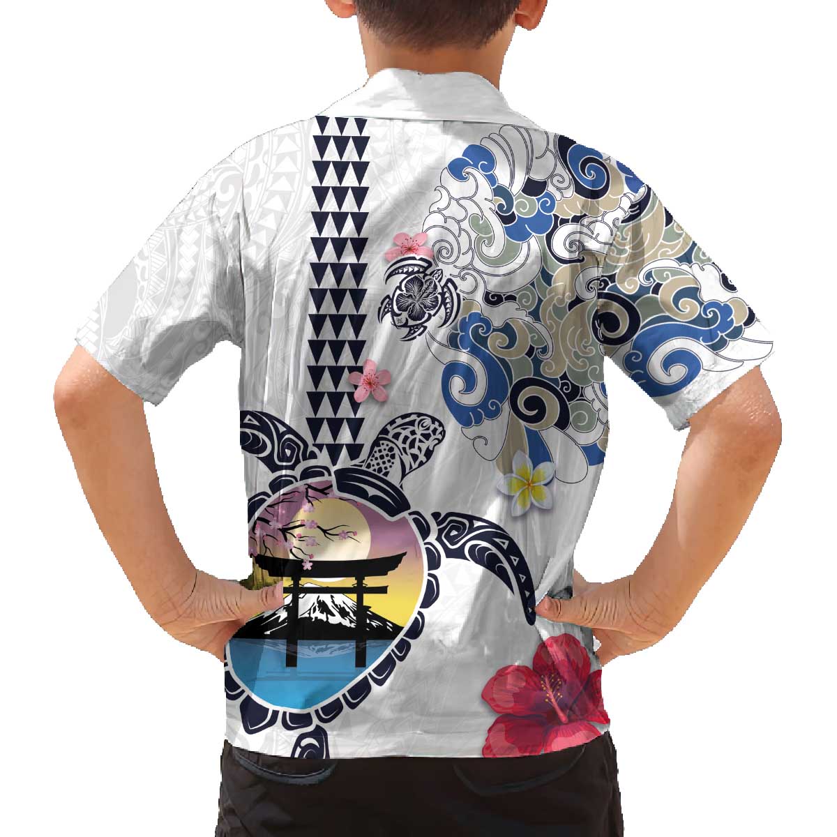 Hawaiian and Japanese Together Family Matching Puletasi and Hawaiian Shirt Japanese Culture and Turtle Kakau Tattoo White Color