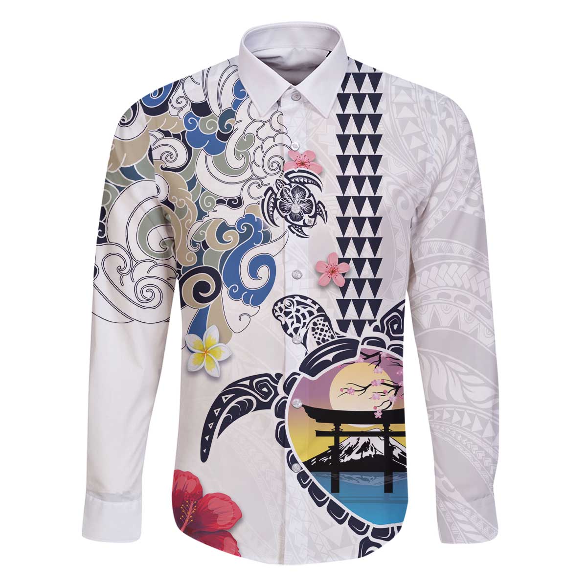 Hawaiian and Japanese Together Family Matching Puletasi and Hawaiian Shirt Japanese Culture and Turtle Kakau Tattoo White Color
