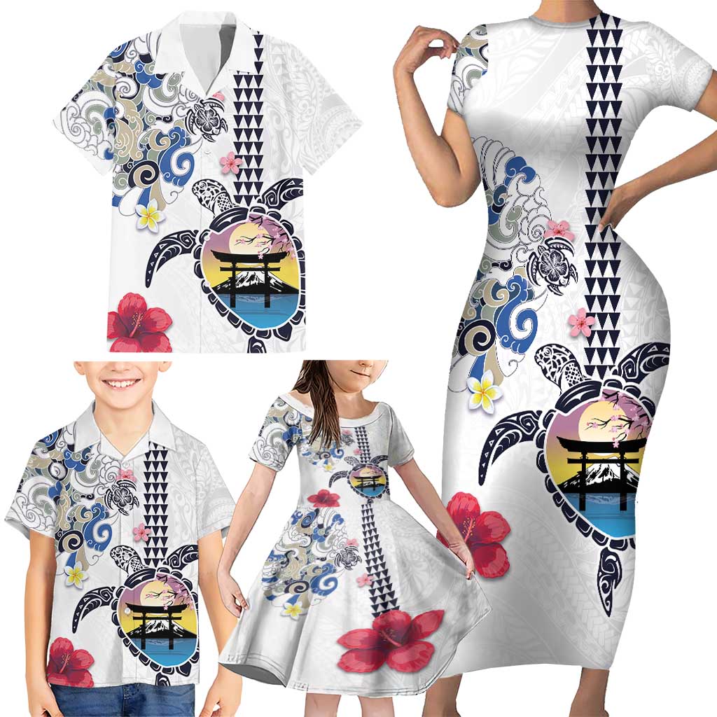 Hawaiian and Japanese Together Family Matching Short Sleeve Bodycon Dress and Hawaiian Shirt Japanese Culture and Turtle Kakau Tattoo White Color