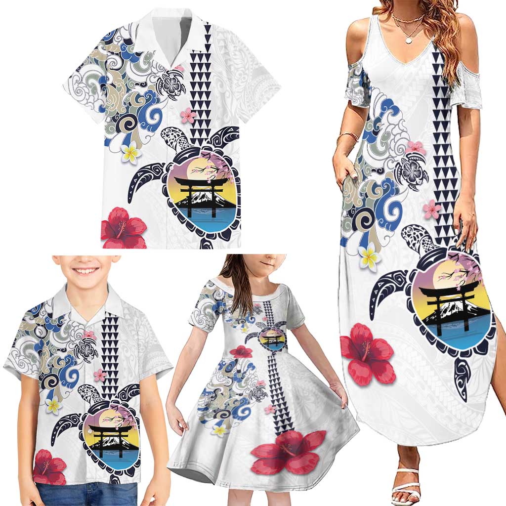 Hawaiian and Japanese Together Family Matching Summer Maxi Dress and Hawaiian Shirt Japanese Culture and Turtle Kakau Tattoo White Color