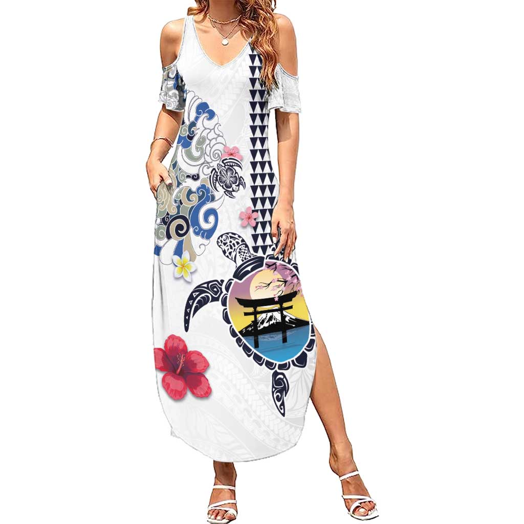 Hawaiian and Japanese Together Family Matching Summer Maxi Dress and Hawaiian Shirt Japanese Culture and Turtle Kakau Tattoo White Color LT03 Mom's Dress White - Polynesian Pride