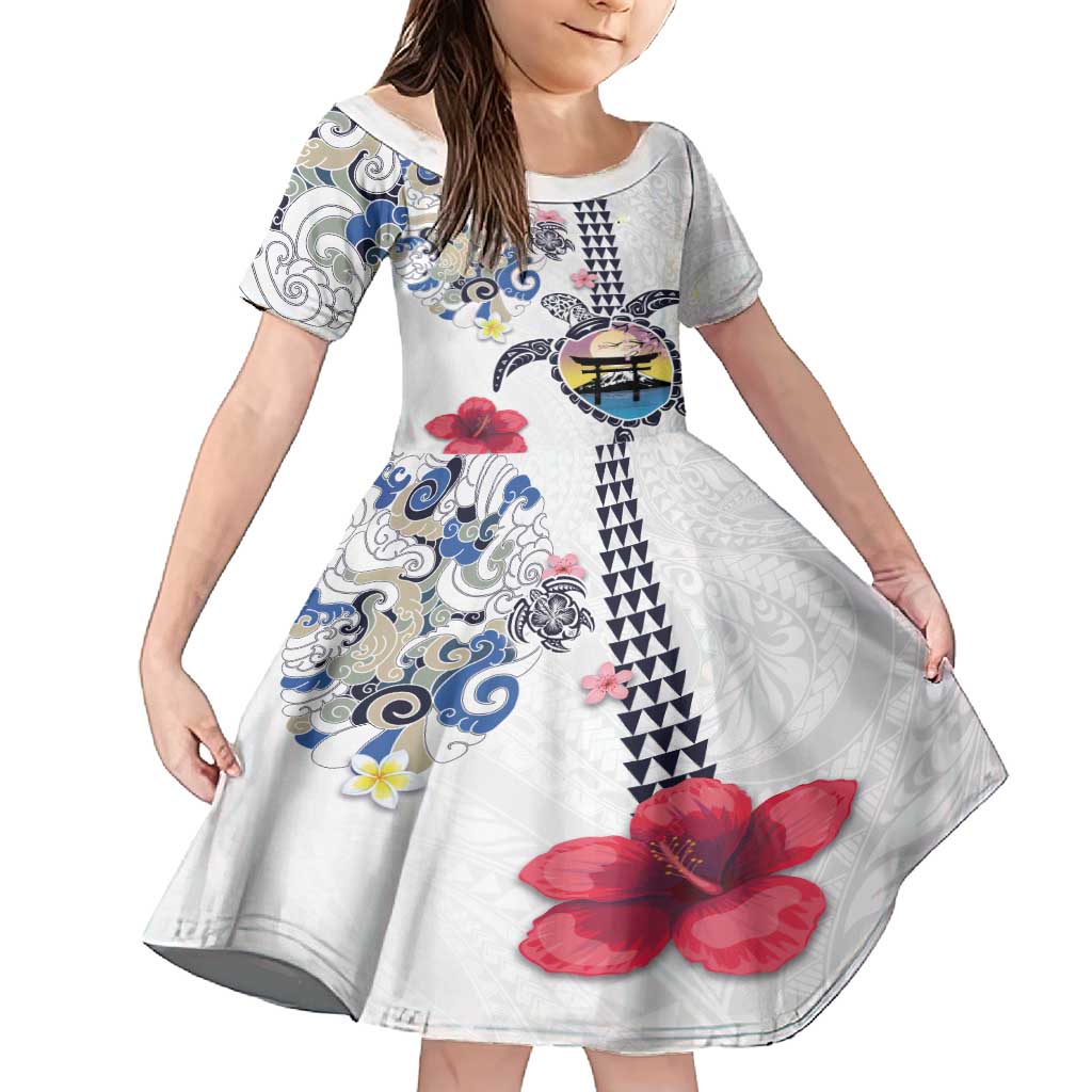 Hawaiian and Japanese Together Family Matching Tank Maxi Dress and Hawaiian Shirt Japanese Culture and Turtle Kakau Tattoo White Color
