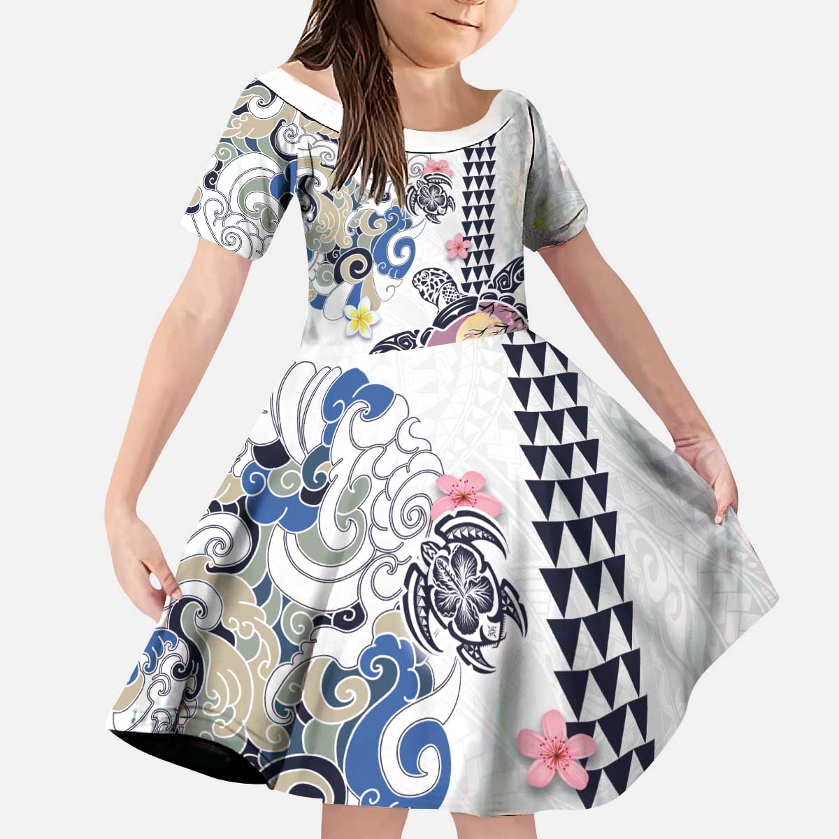 Hawaiian and Japanese Together Kid Short Sleeve Dress Japanese Culture and Turtle Kakau Tattoo White Color