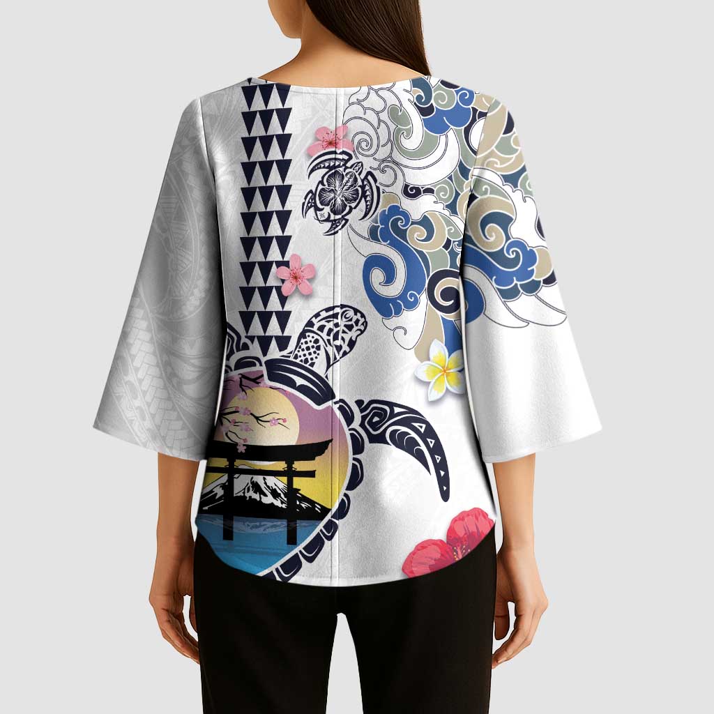 Hawaiian and Japanese Together Kimono Sleeve Blouse Japanese Culture and Turtle Kakau Tattoo White Color - Polynesian Pride