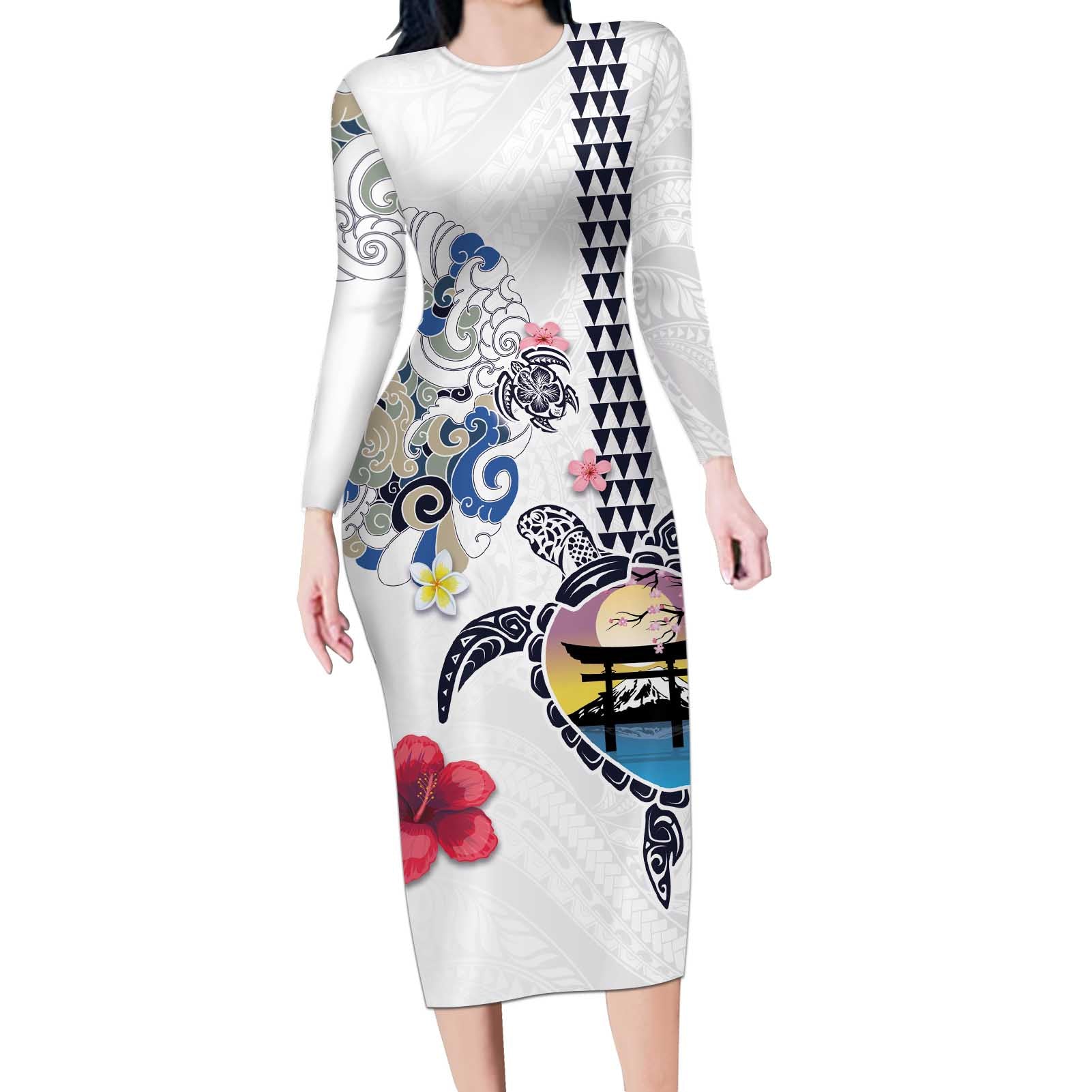 Hawaiian and Japanese Together Long Sleeve Bodycon Dress Japanese Culture and Turtle Kakau Tattoo White Color