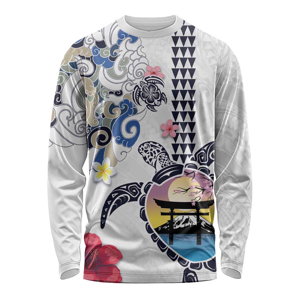 Hawaiian and Japanese Together Long Sleeve Shirt Japanese Culture and Turtle Kakau Tattoo White Color