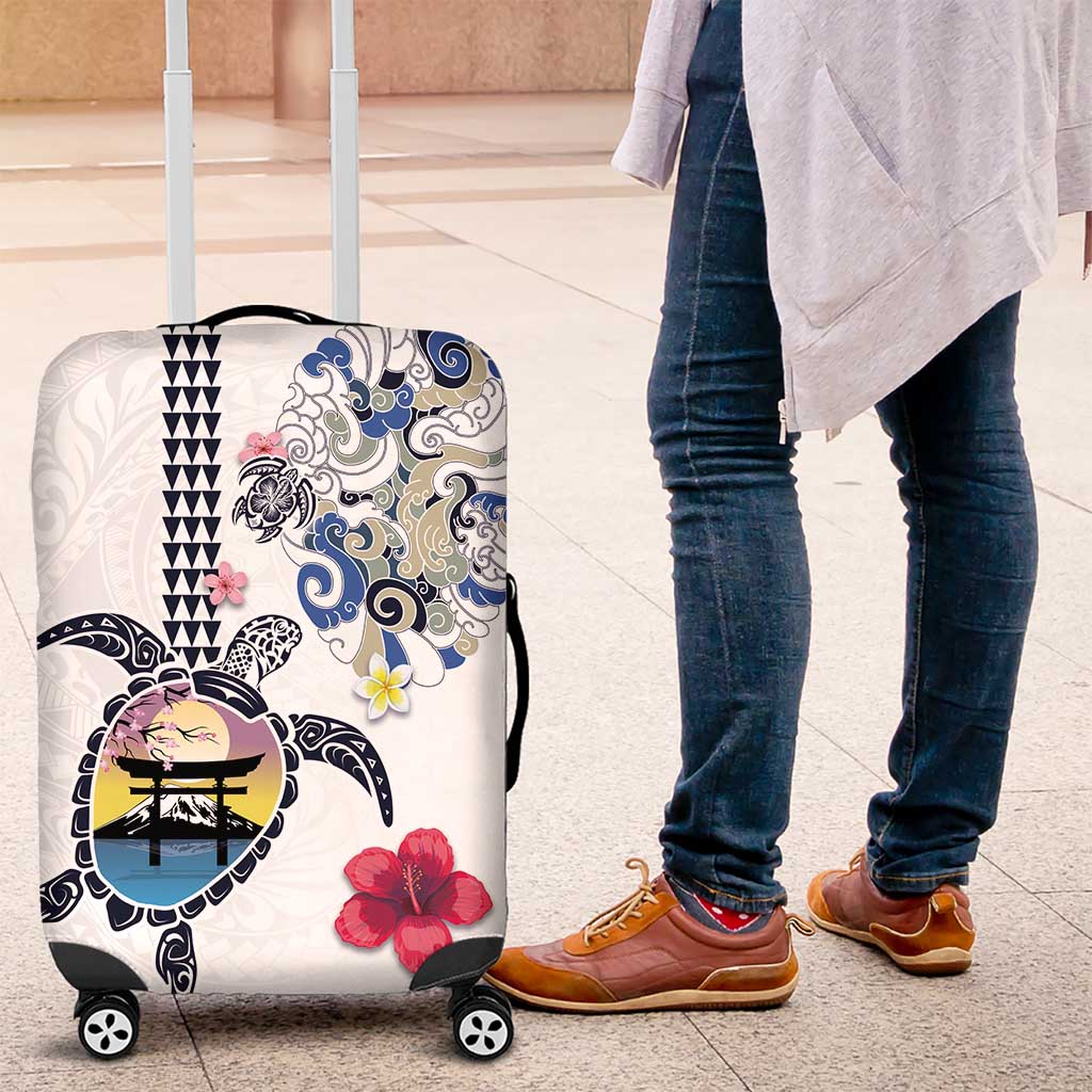 Hawaiian and Japanese Together Luggage Cover Japanese Culture and Turtle Kakau Tattoo White Color