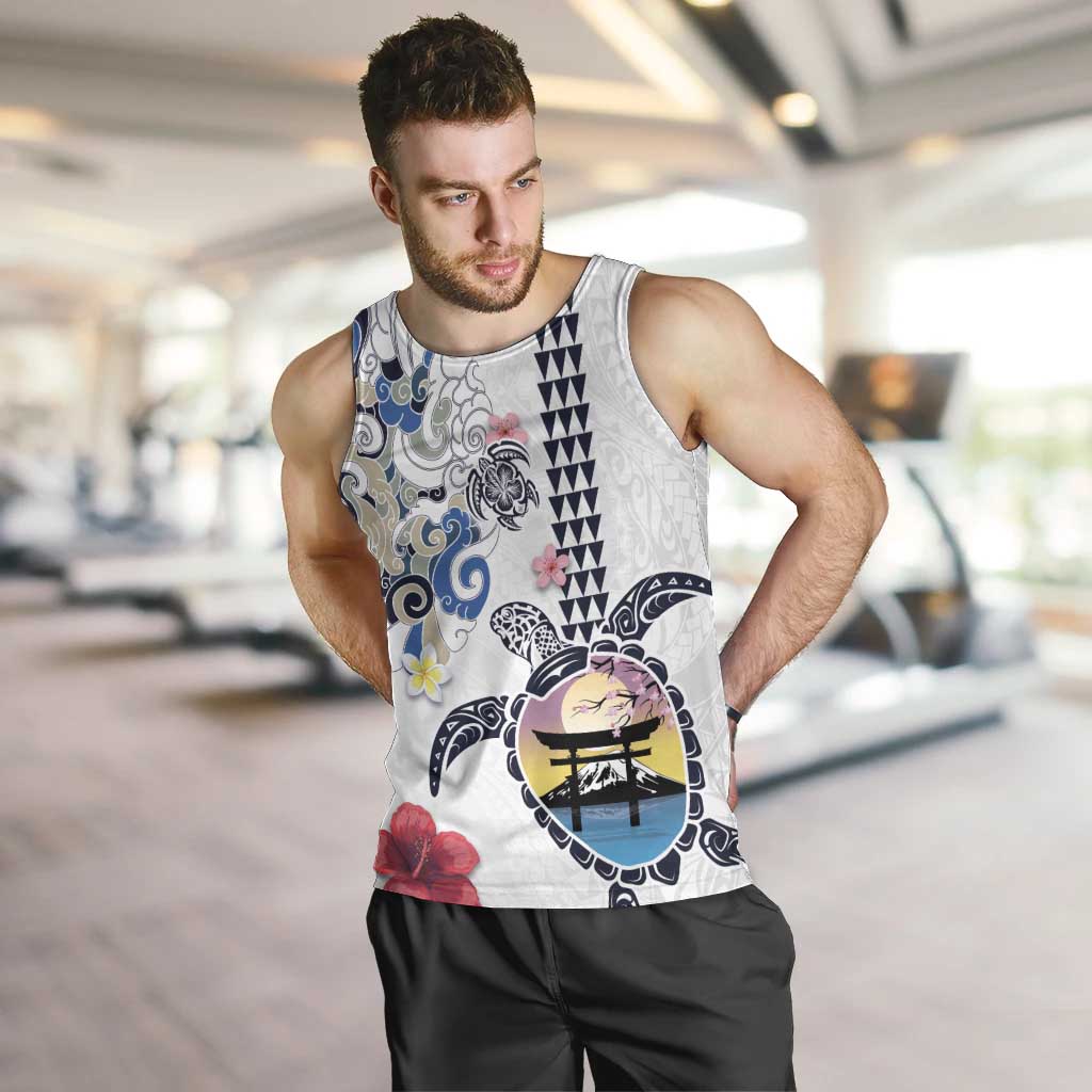 Hawaiian and Japanese Together Men Tank Top Japanese Culture and Turtle Kakau Tattoo White Color LT03 White - Polynesian Pride
