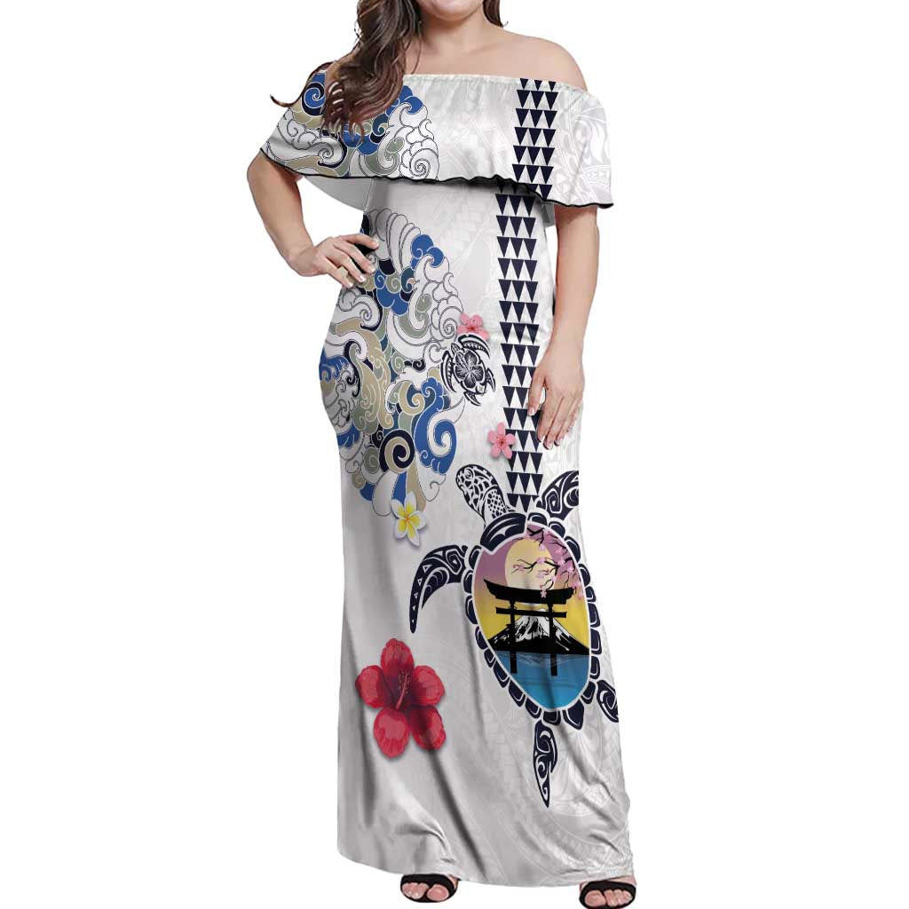 Hawaiian and Japanese Together Off Shoulder Maxi Dress Japanese Culture and Turtle Kakau Tattoo White Color LT03 Women White - Polynesian Pride