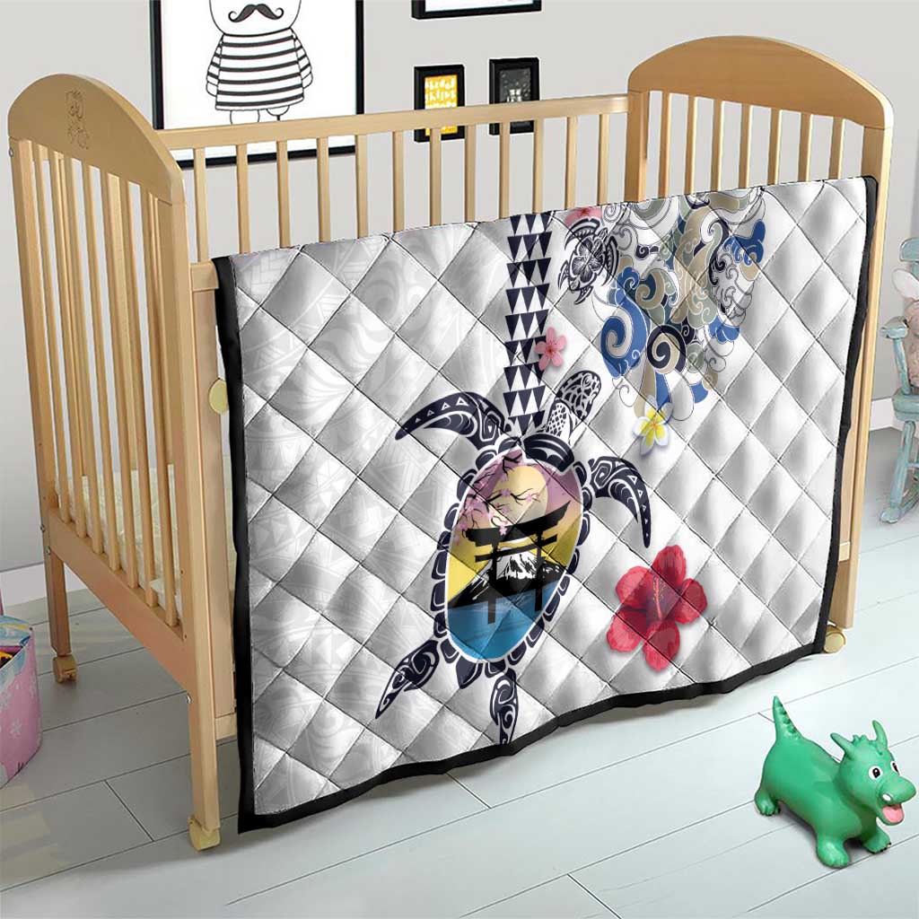 Hawaiian and Japanese Together Quilt Japanese Culture and Turtle Kakau Tattoo White Color