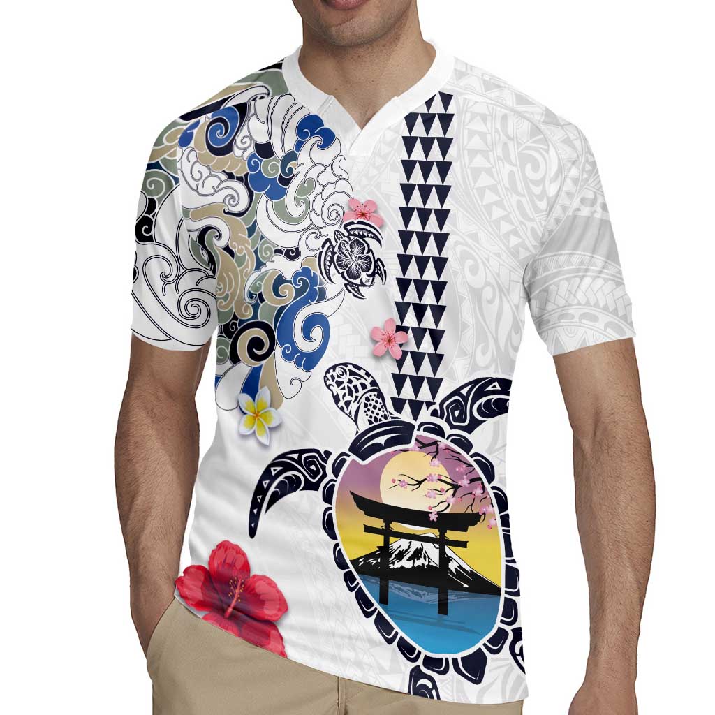 Hawaiian and Japanese Together Rugby Jersey Japanese Culture and Turtle Kakau Tattoo White Color