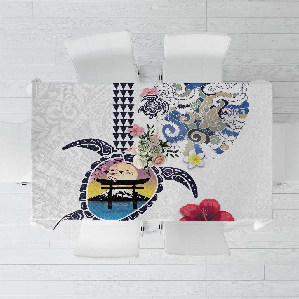 Hawaiian and Japanese Together Tablecloth Japanese Culture and Turtle Kakau Tattoo White Color LT03 White - Polynesian Pride