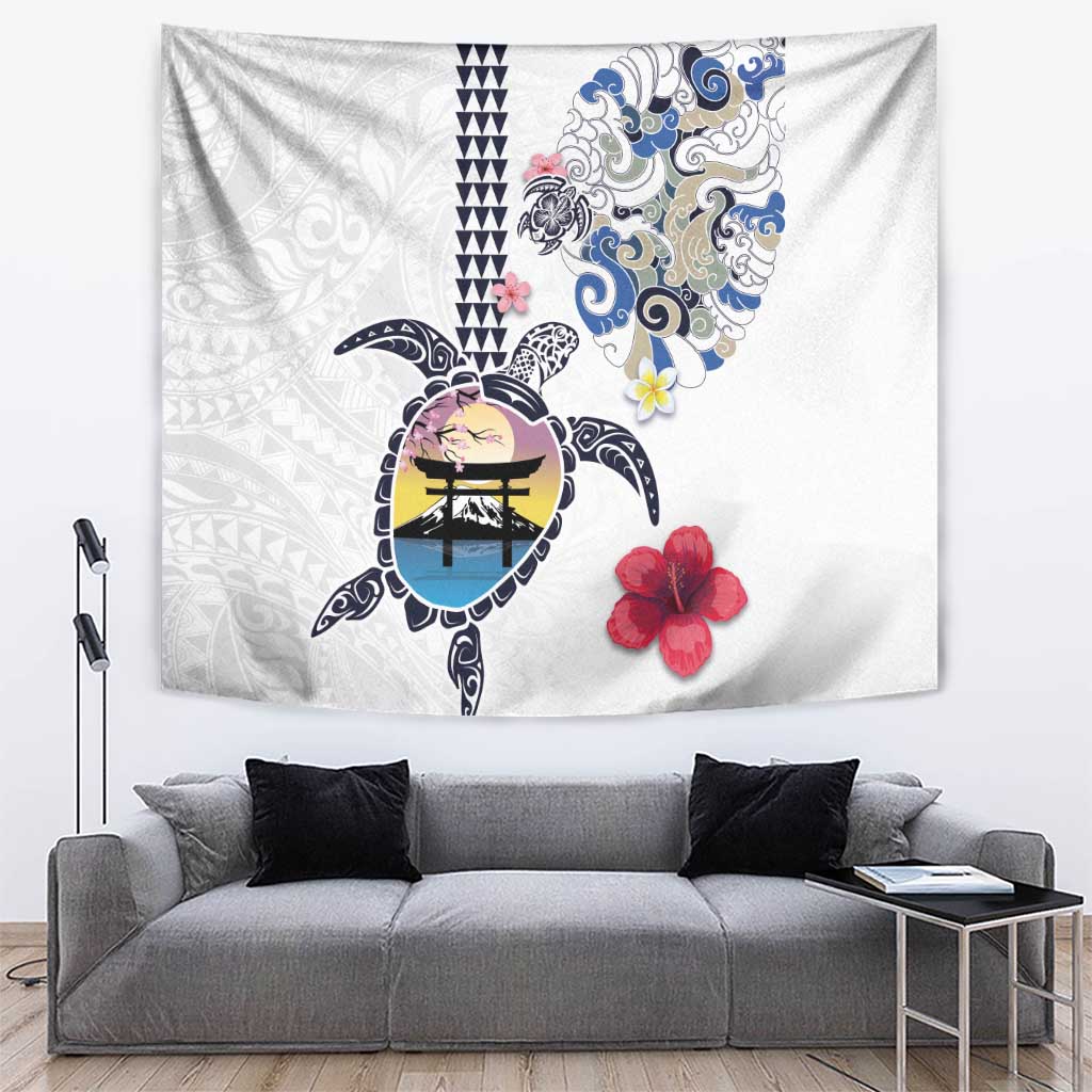 Hawaiian and Japanese Together Tapestry Japanese Culture and Turtle Kakau Tattoo White Color