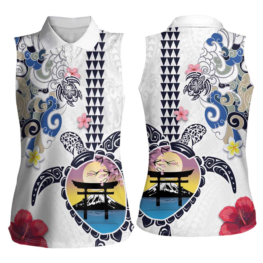 Hawaiian and Japanese Together Women Sleeveless Polo Shirt Japanese Culture and Turtle Kakau Tattoo White Color